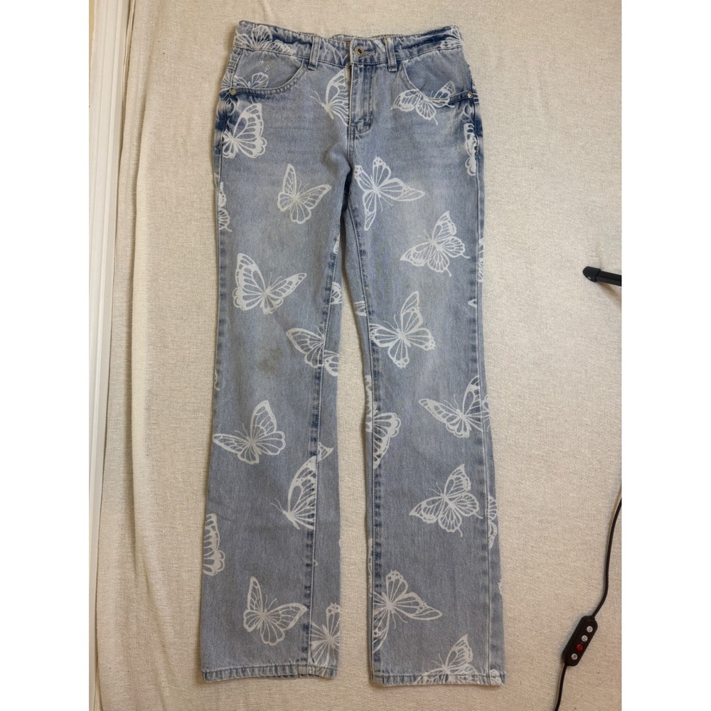 Guess Jeans Women 14 Blue Butterfly Print Straight Leg Denim Light Wash Y2K